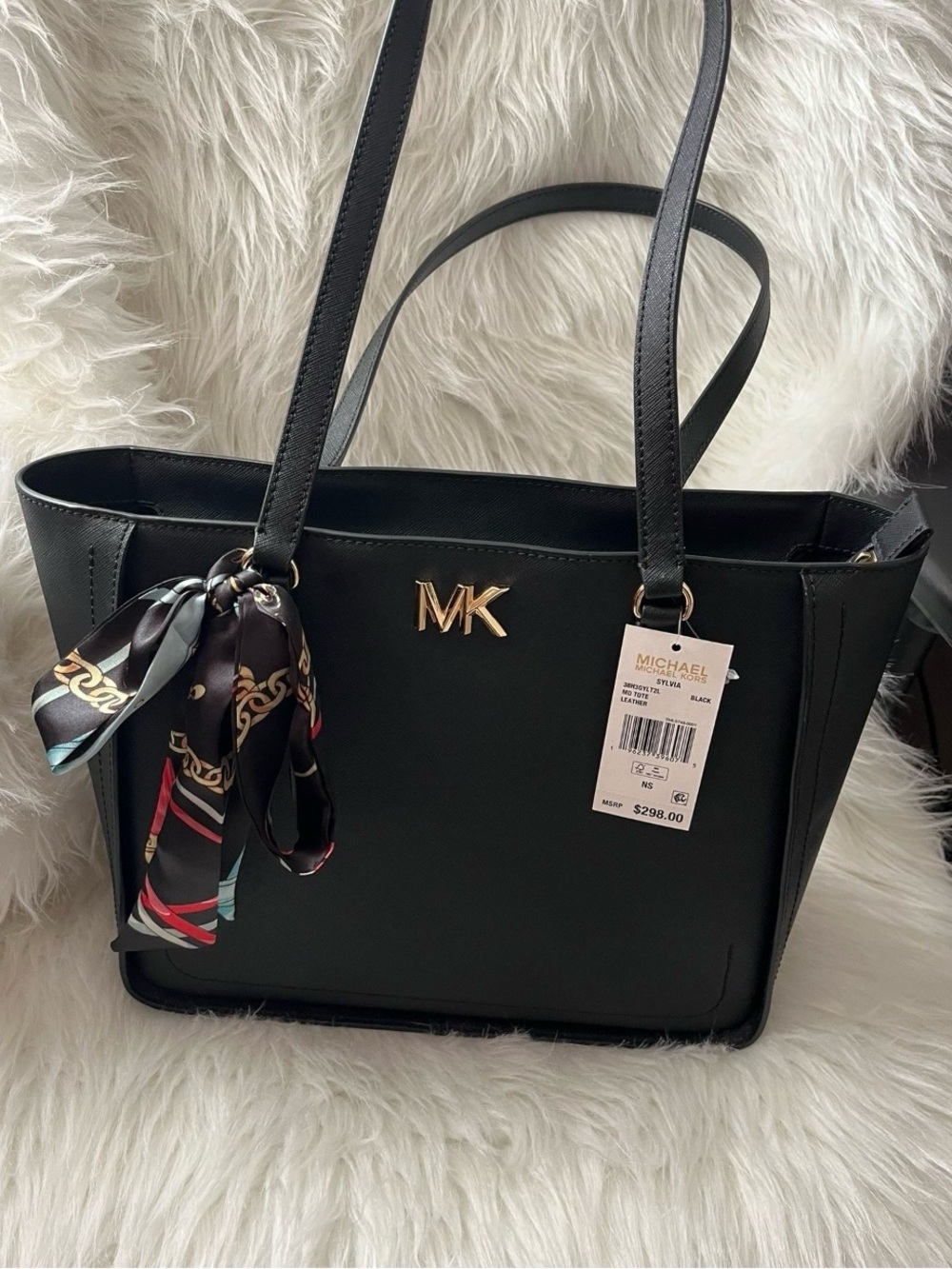 Michael Kors Black Leather Tote with Gold MK Emblem